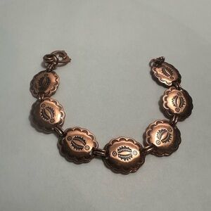 Vintage Solid Copper Bracelet W/Tooled Scallops Concho Native American 14.1g